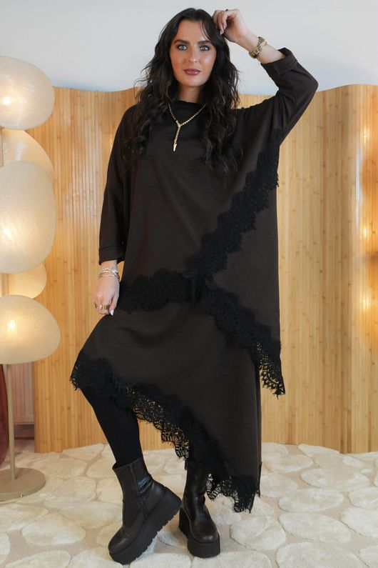 Elena Knit Slant Lace Top Chocolate ~